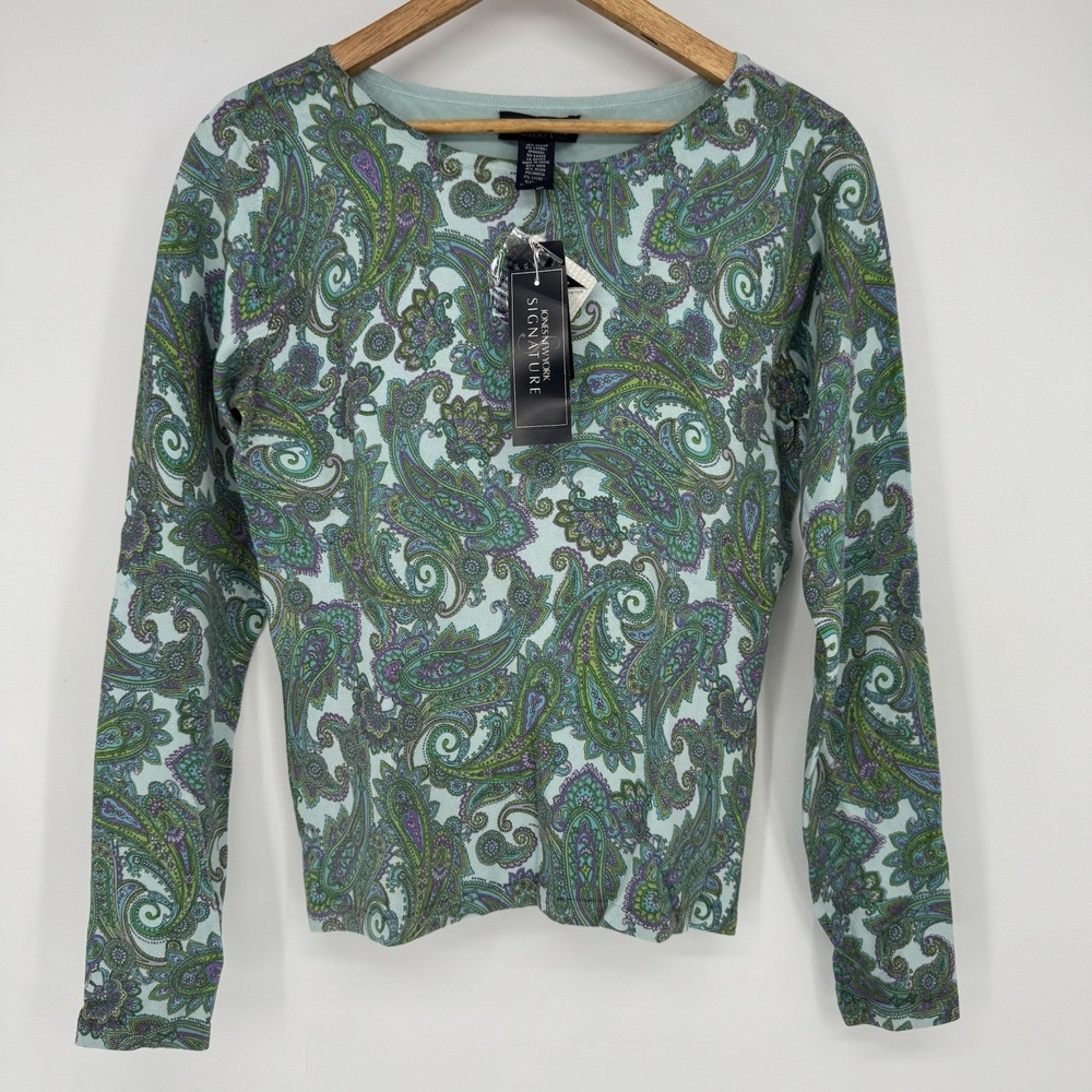 90s Jones NY‎ Paisley Long Sleeve Top Aqua Blue Purple Women's SM NEW Silk Blend